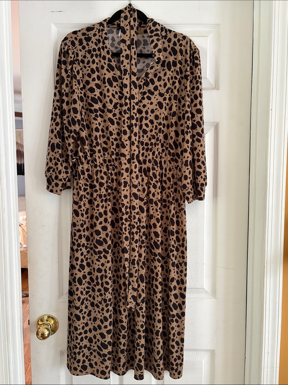 Brown and Black Leopard Print Midi Dress